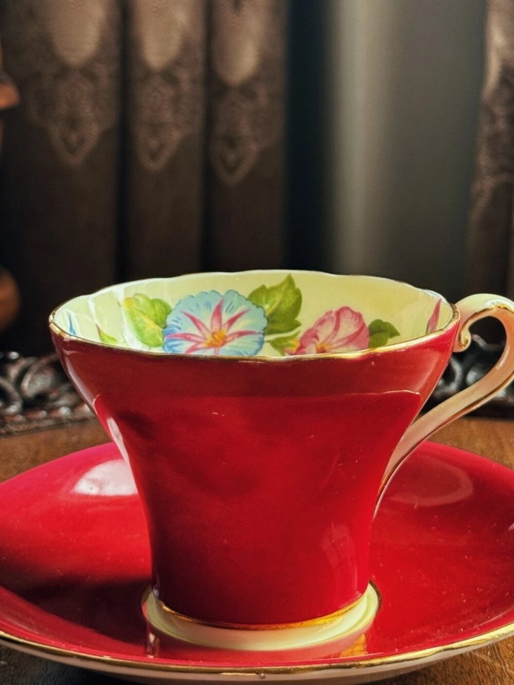 Vintage Aynsley Burgundy Floral Teacup Saucer Gold Trim